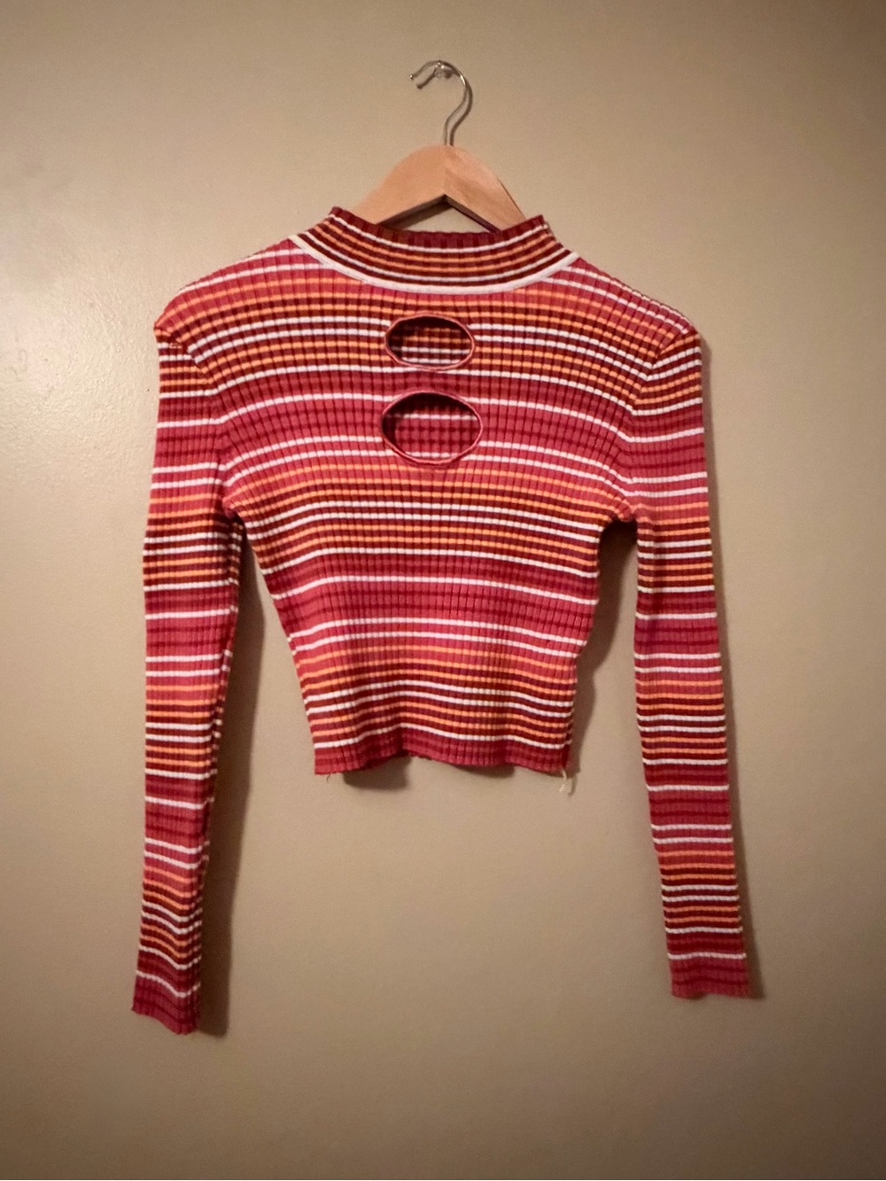 Striped Long-Sleeve Cutout Crop Top - Raspberry Multi